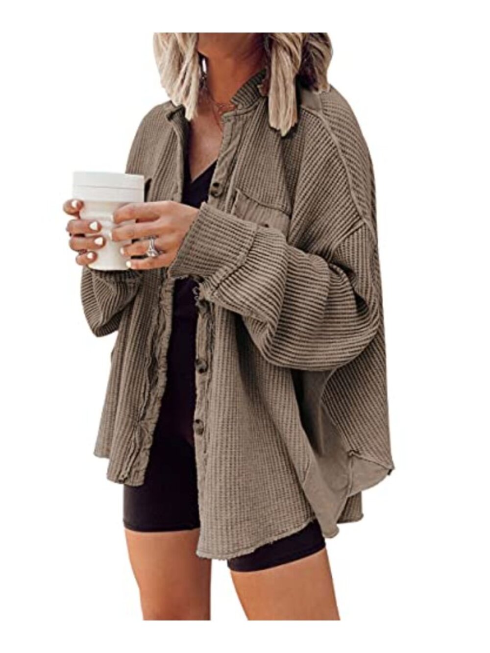 Waffle Knit Button Down Shacket Batwing Sleeve Oversized Shirt Jacket